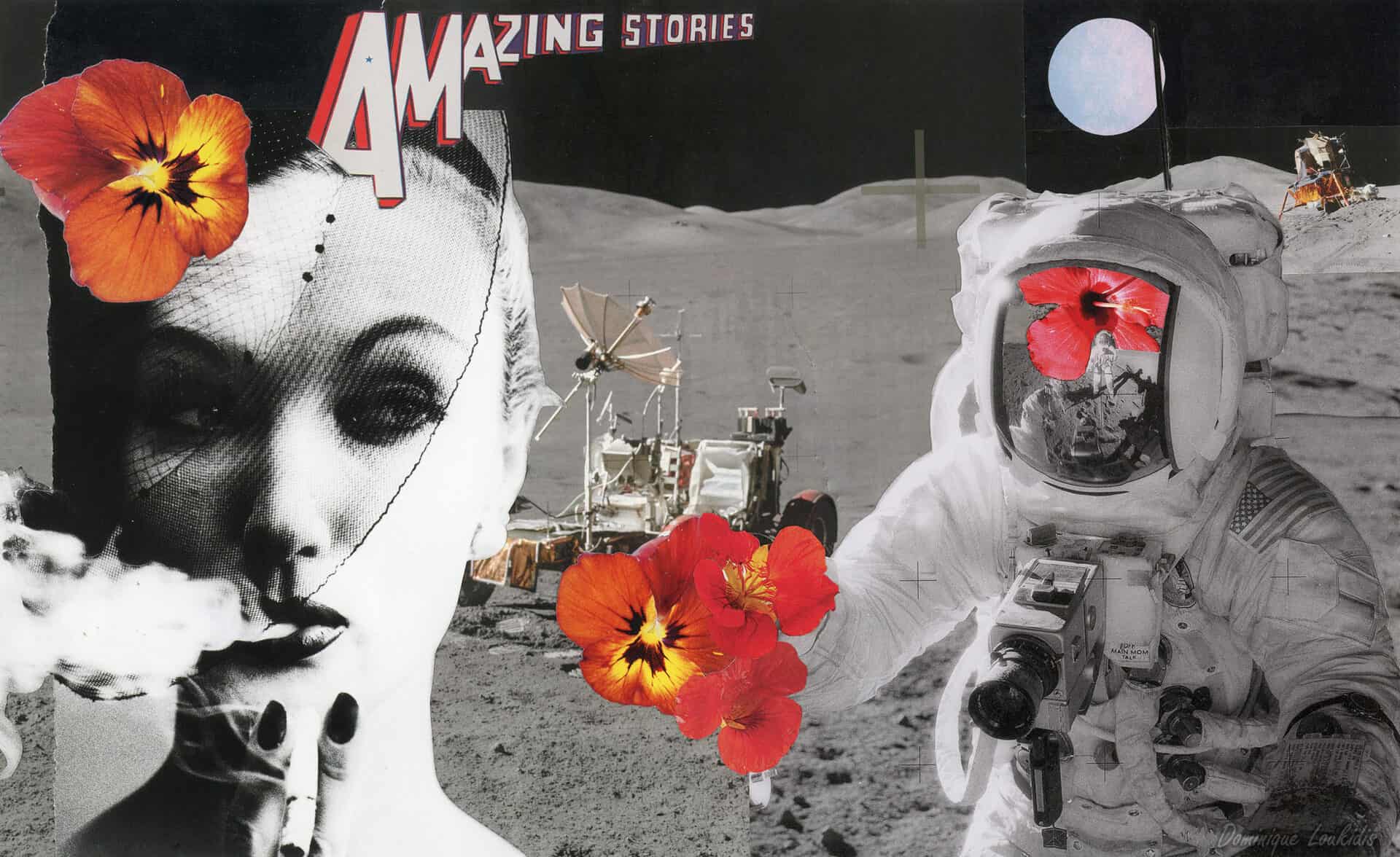 Portrait créatif d'une femme avec fleurs oranges et jaunes, style collage, sur fond lunaire et exploration lunaire.
