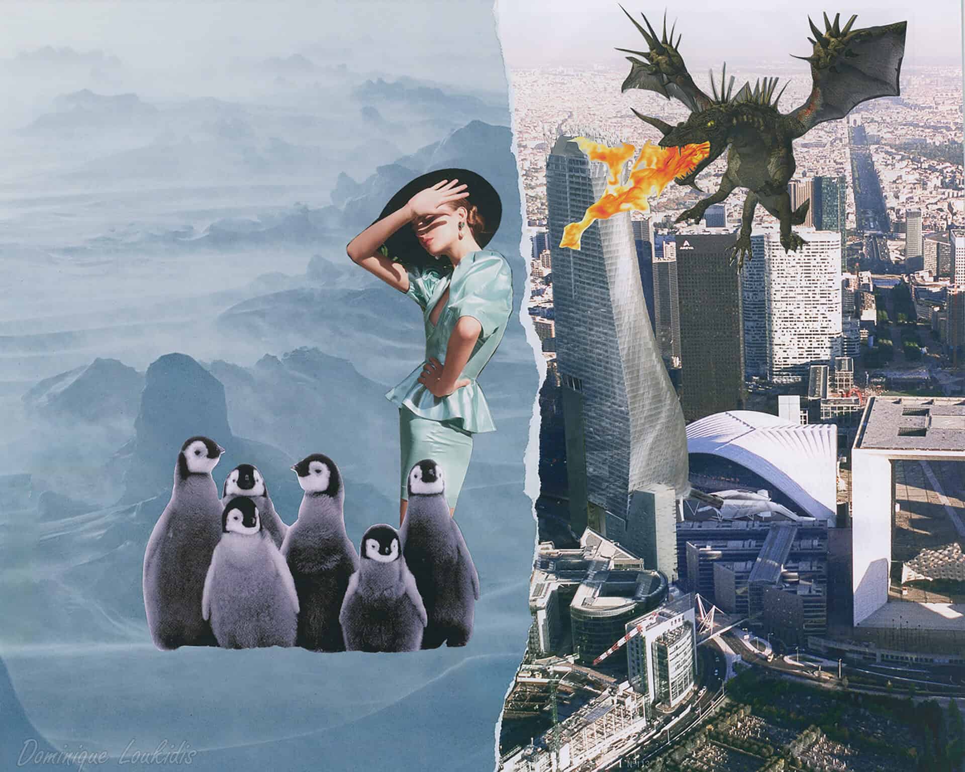 Penguins mignons avec femme styl&eacute;e, skyline de ville, dragon volant, cr&eacute;ation artistique, image moderne et imaginative, Dominique Loukidis.