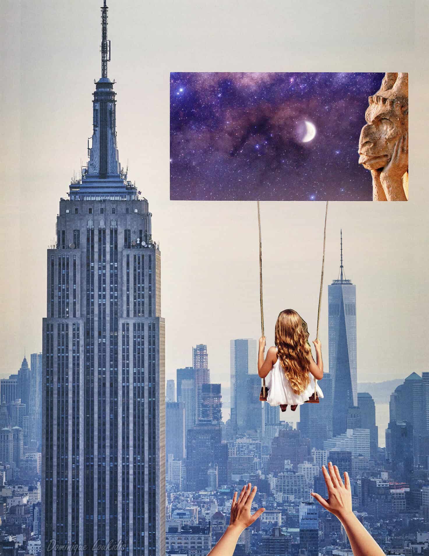 1. Petite fille sur balançoire avec image du ciel étoilé et sculpture, vue sur Manhattan.