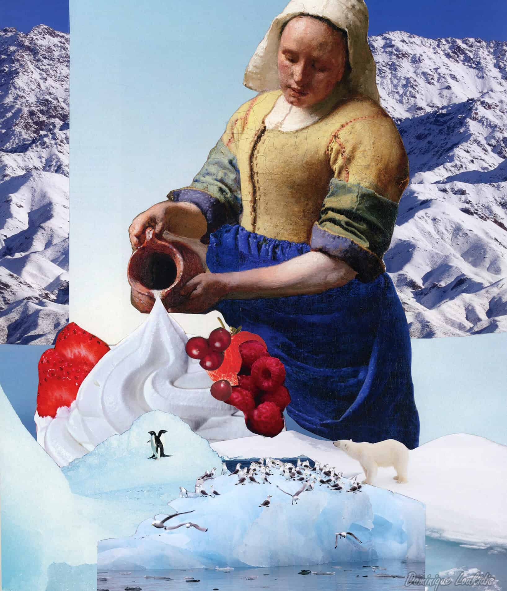 Mère nourrissant la nature glacée avec fruits, dans un montage artistique inspiré par Dominique Loukidis.