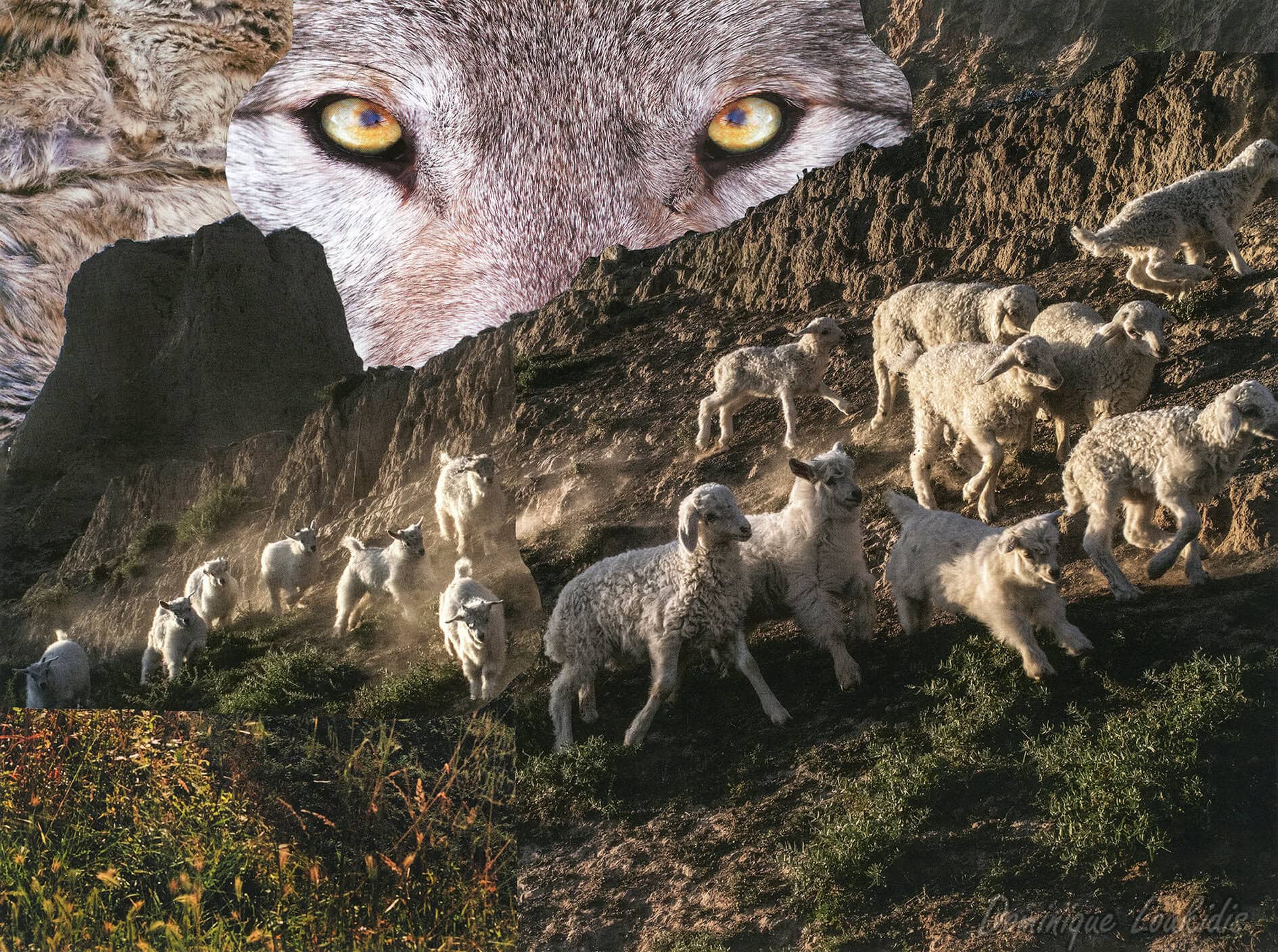 Veillée d'agneaux dans un paysage naturel avec un oeil de louve géant en arrière-plan.