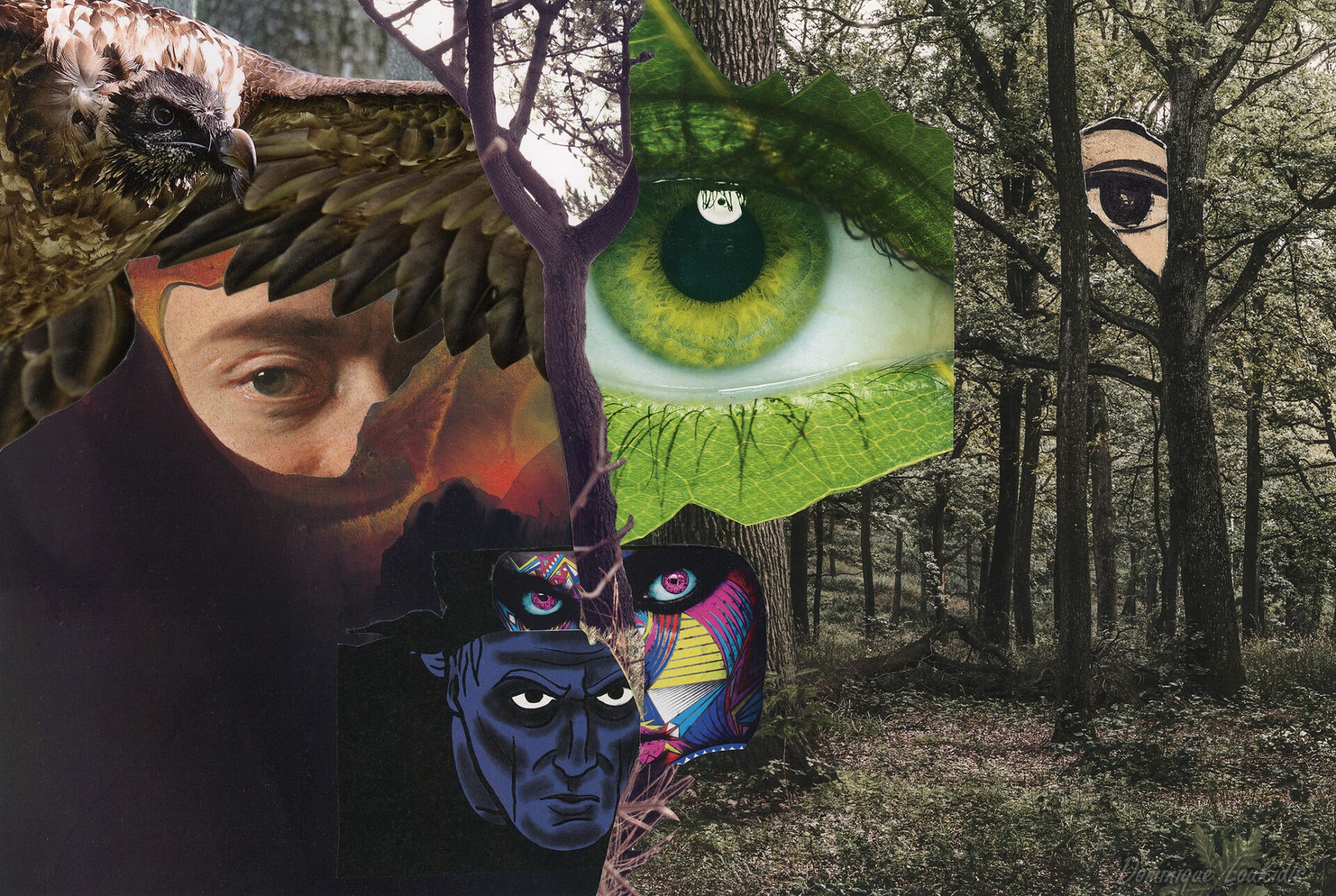 Oeil vert sur fond de forêt, art numérique en collage, inspiration créativité et nature.