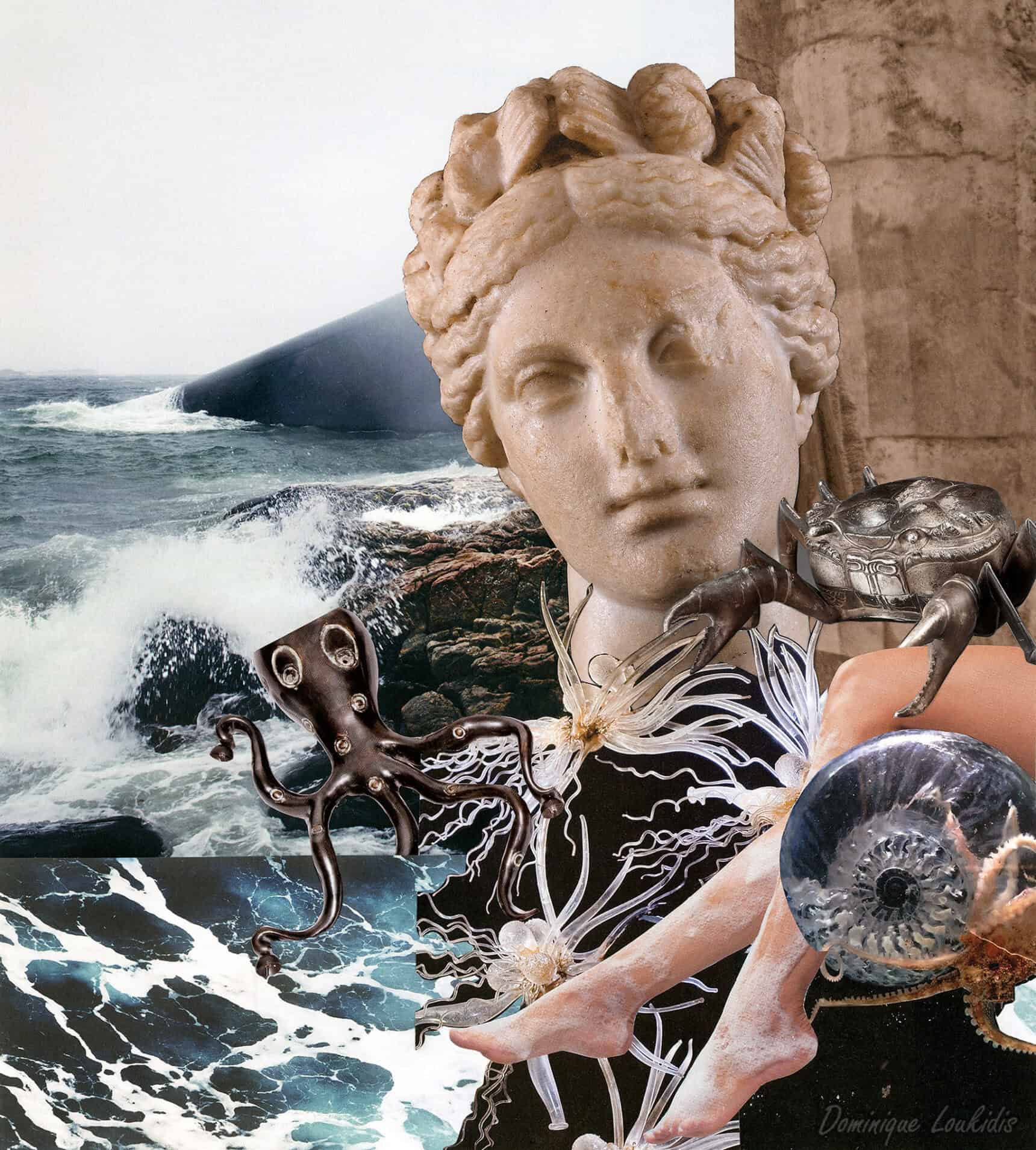 Vague sur mer, sculpture antique, coquillages et éléments marins, art contemporain, nature, créativité, biodiversité marine.