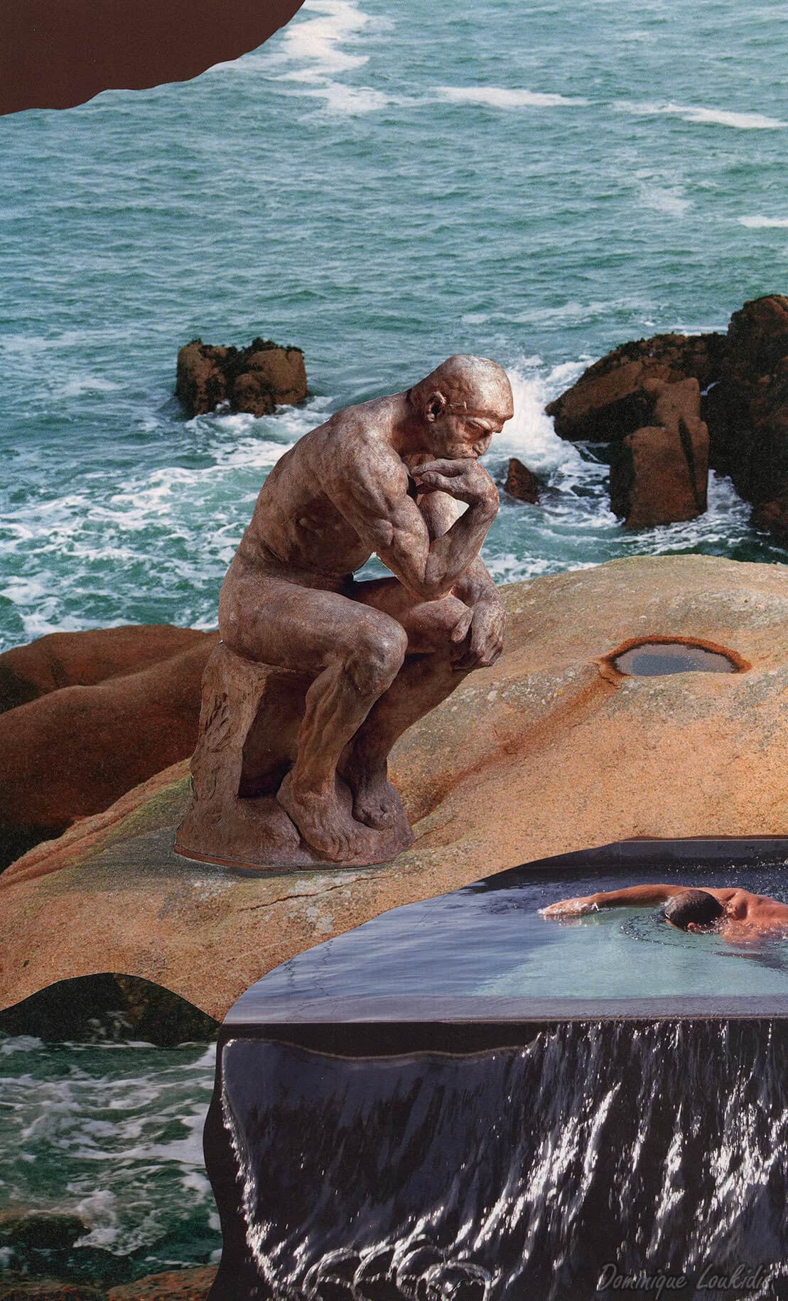 Pensée profonde de l'homme en statue à la côte, art contemporain, sculpture thought-provoking, méditation inspirante.