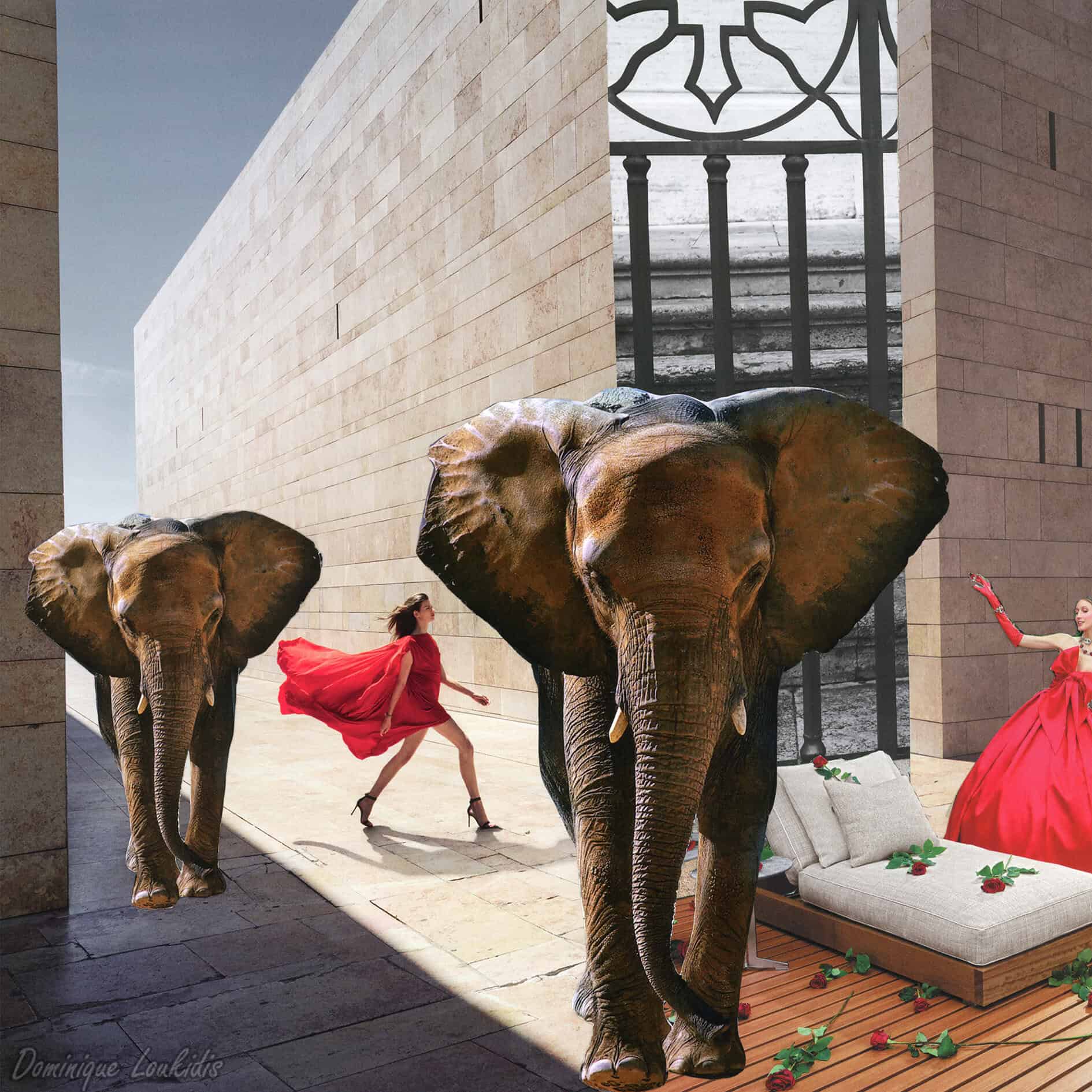 Elephants et femmes en robes rouges dans un décor moderne et artistique.
