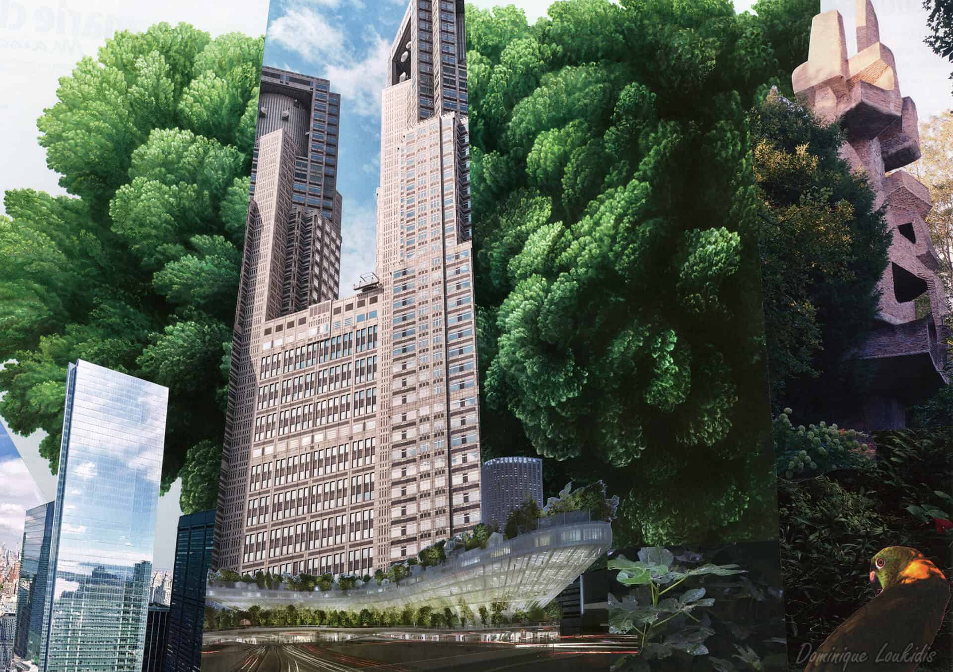 Végétation luxuriante et modernité urbaine, accompagnée par Dominique Loukidis, spécialisée en design et environnement.